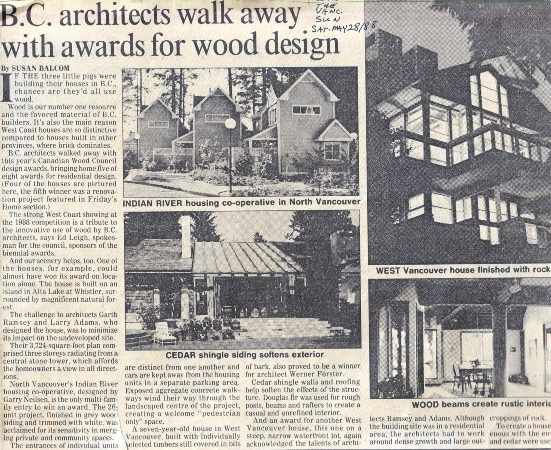 Newspaper clipping from The Vancouver Sun, 28 May 1988, headlined “B.C. architects walk away with awards for wood design”, its lead photograph captioned “INDIAN RIVER housing co-operative in North Vancouver”
