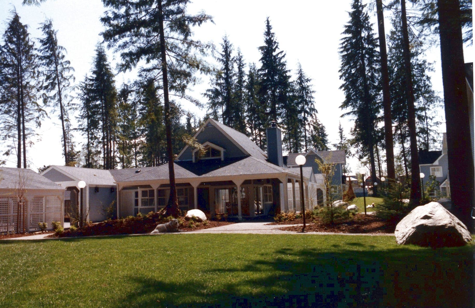 The clubhouse and common green shortly after completion