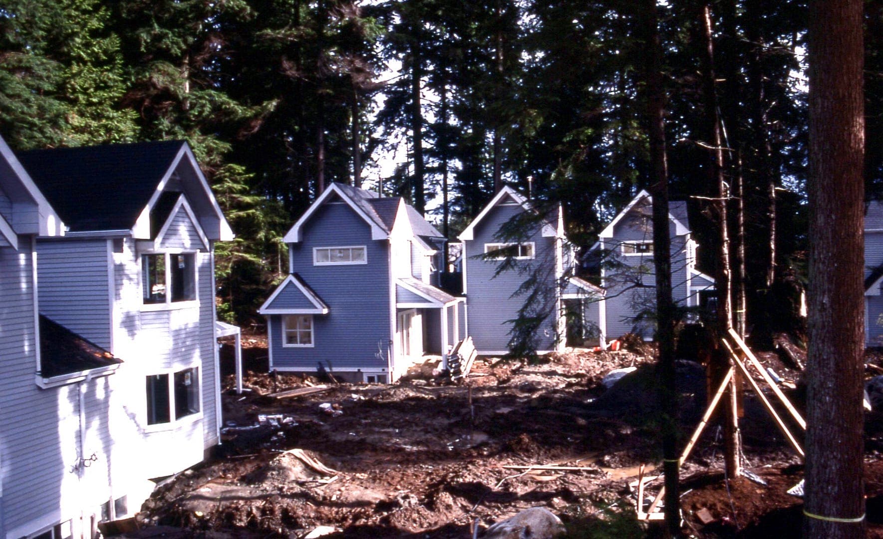 Houses with fresh siding rising from the still-muddy site